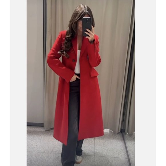 ZARA ZW COLLECTION RED LONG FITTED WOOL COAT XS L REF. 8354/748 - Picture 3 of 12